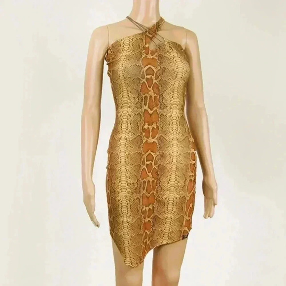 Vintage 90s Feeling Paris Snakeskin Animal Print Tan Midi Dress - Picture 3 of 6